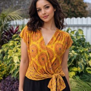 Anthropologie Maeve Yellow Floral Tie-Front V-Neck Blouse